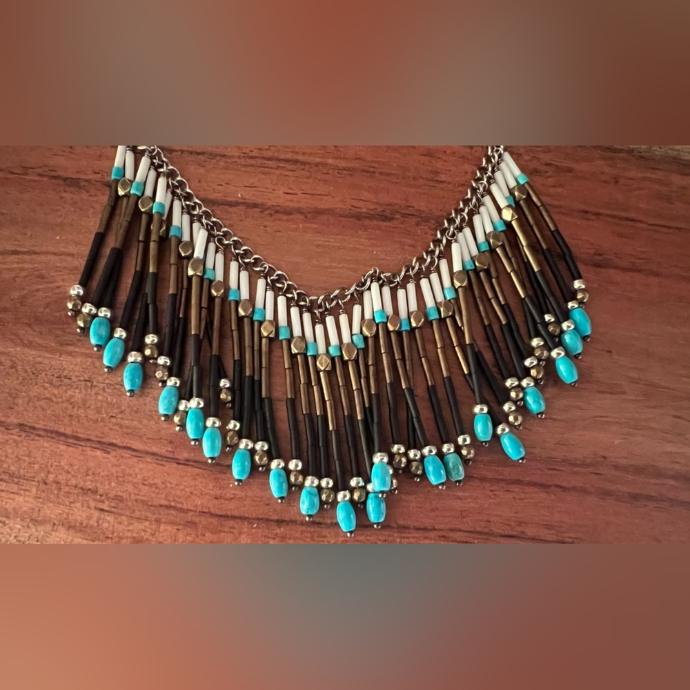 Silpada Fringe Necklace Blue Turquoise Howlite Gems Southwest Brass Western - Picture 5 of 11